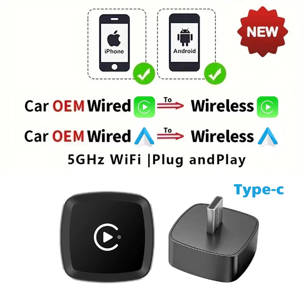 🚗 Adaptador Inalámbrico Type-C para CarPlay y Android Auto – Dongle Inteligente 2 en 1