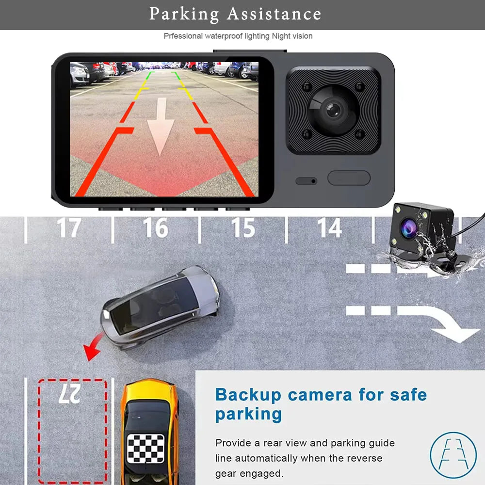 🚘📹 Cámara de Salpicadero 3 Canales – Dashcam DVR HD 1080P con Grabación Interior