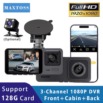 🚘📹 Cámara de Salpicadero 3 Canales – Dashcam DVR HD 1080P con Grabación Interior