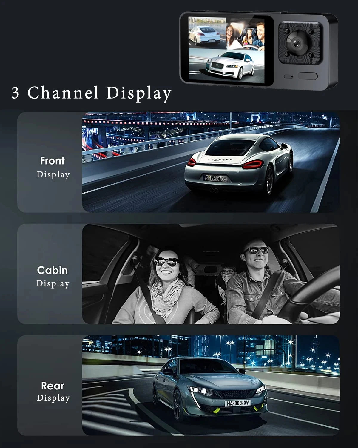 🚘📹 Cámara de Salpicadero 3 Canales – Dashcam DVR HD 1080P con Grabación Interior