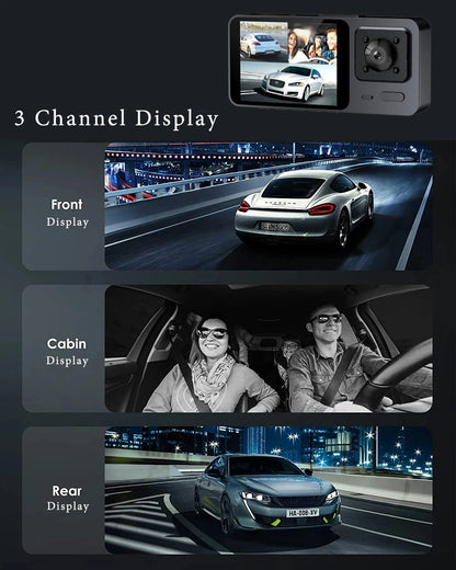 🚘📹 Cámara de Salpicadero 3 Canales – Dashcam DVR HD 1080P con Grabación Interior