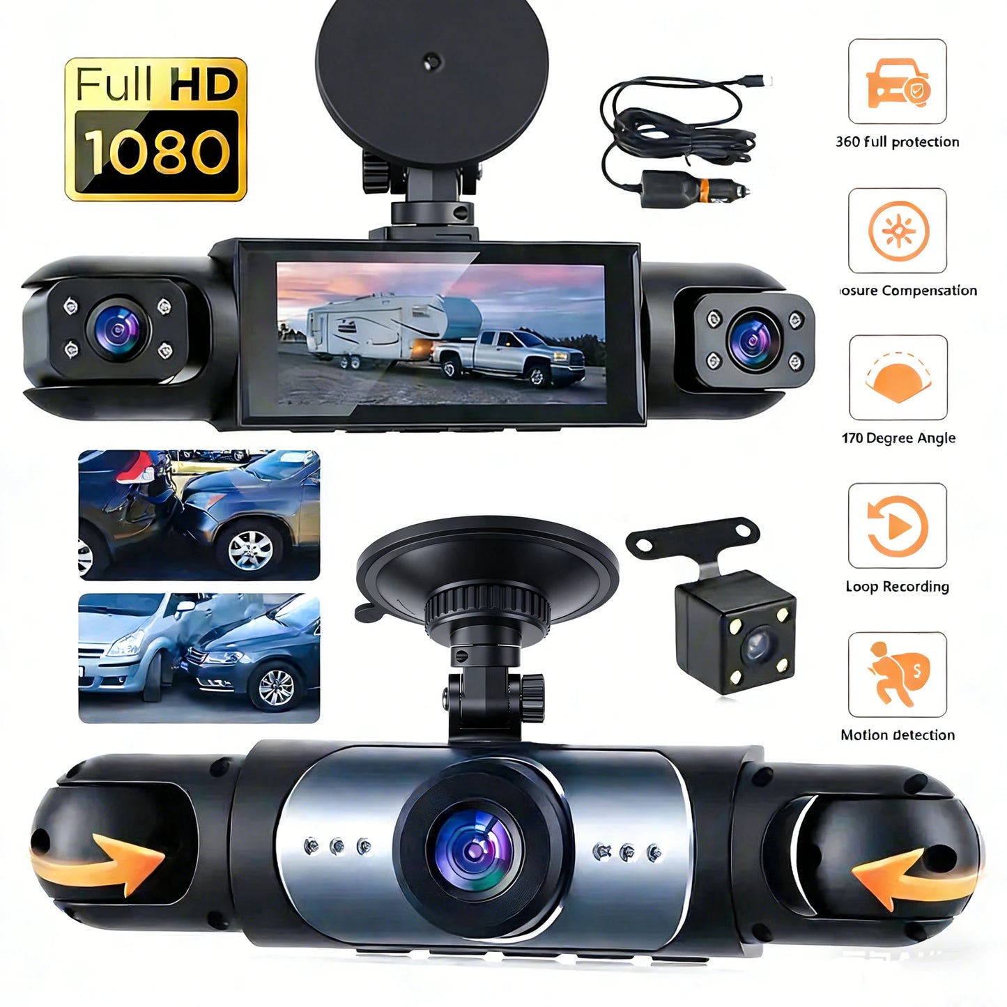 🚗📹 Dash Cam 360º con 4 Cámaras – Grabador DVR para Coche con Visión Nocturna