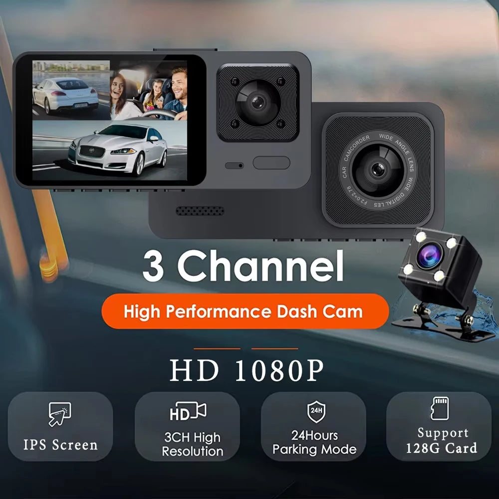 🚘📹 Cámara de Salpicadero 3 Canales – Dashcam DVR HD 1080P con Grabación Interior