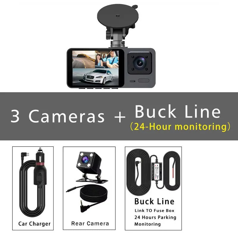 🚘📹 Cámara de Salpicadero 3 Canales – Dashcam DVR HD 1080P con Grabación Interior