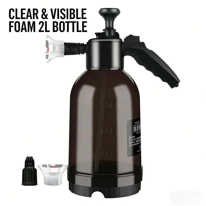 Pulverizador de Espuma para Lavado de Coche 2L con botella transparente y visible para una limpieza efectiva.