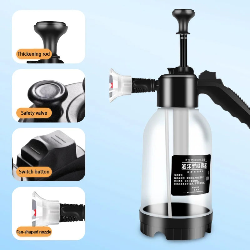 Pulverizador de Espuma para Lavado de Coche 2L con sistema de presión manual y accesorios como botón de encendido y boquilla