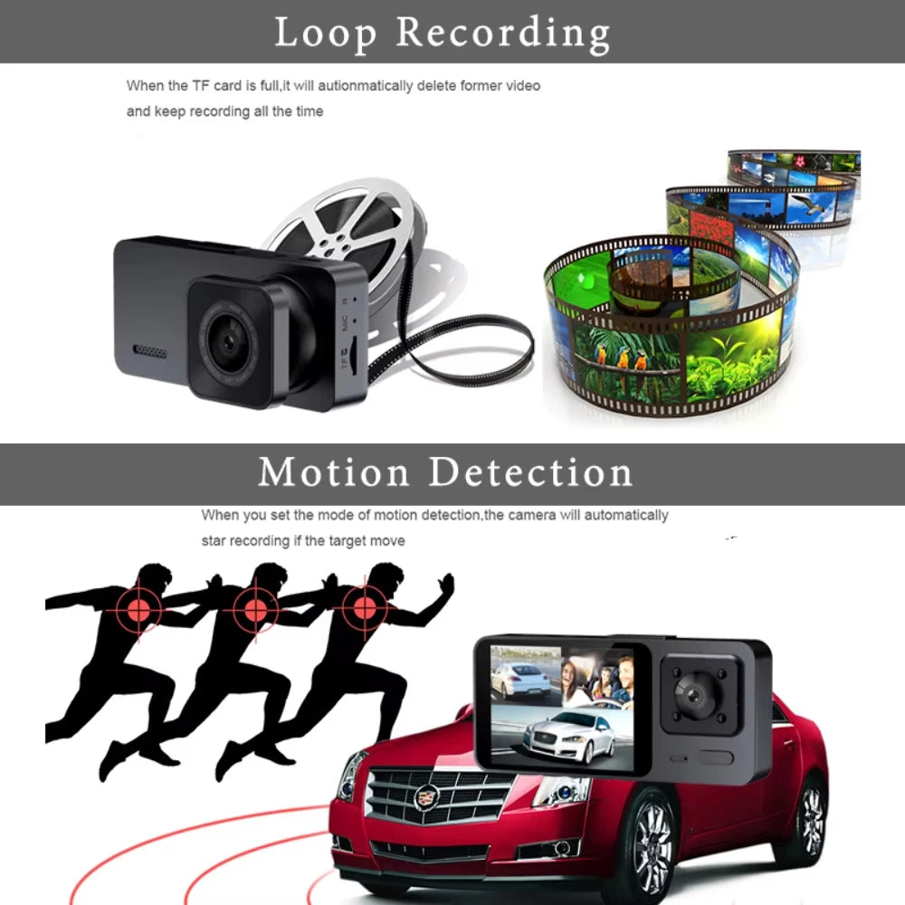 🚘📹 Cámara de Salpicadero 3 Canales – Dashcam DVR HD 1080P con Grabación Interior